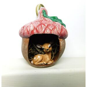 Ceramic Diorama Acorn Ornament Baby Deer Woodland Vintage Holiday Decor